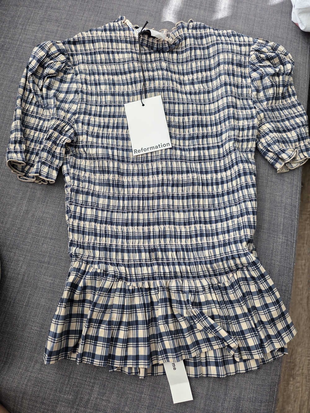 Reformation Navy & Cream Plaid Smocked Peplum Top